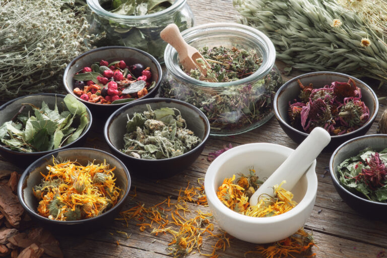 jars-of-dry-medicinal-herbs-on-table-AdobeStock_417503800